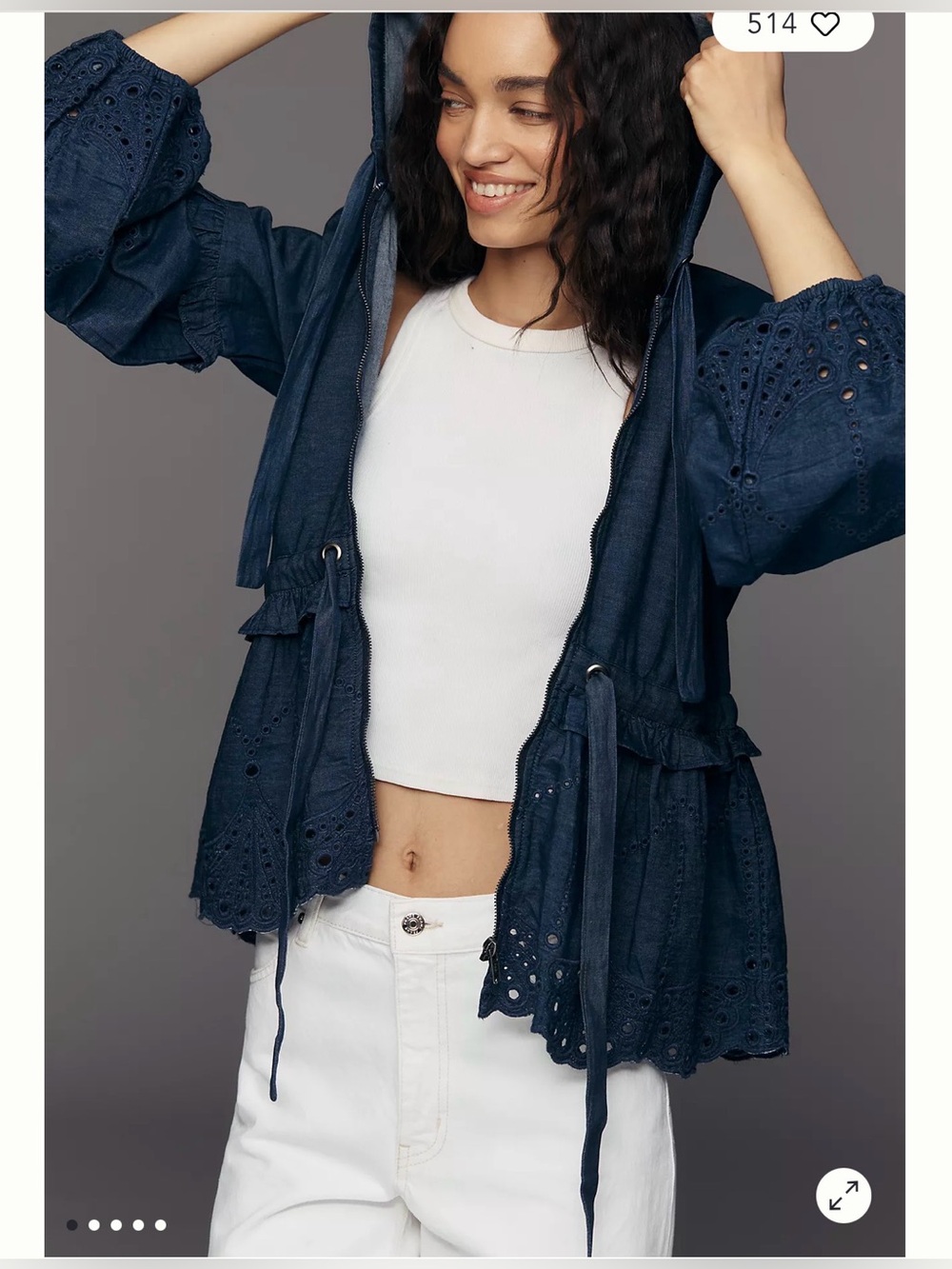 Anthropologie Maeve Embroidered Hooded Denim Jacket in Rinsed Denim